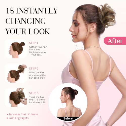 Rich Choices Human Hair Messy Bun Hair Piece for Women - Straight Medium Brown Highlight Dark Blonde, Easy Updo Extension