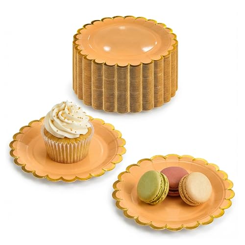 7" Peach Paper Plates with Gold Scalloped Rim - 50 Pack