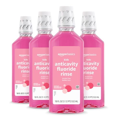 Amazon Basics Kids Mouthwash - Alcohol-Free Anticavity, Bubble Gum Flavor, 4-Pack
