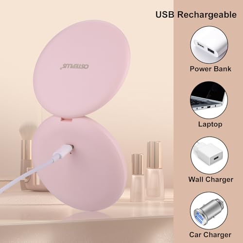 osteplus Pink LED Compact Mirror - 3.9" Dual Magnification, Portable