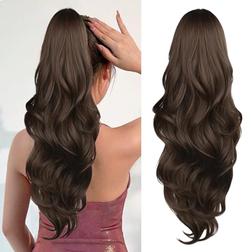 CHRSHN 26-Inch Wavy Drawstring Ponytail Extension - Medium Brown Synthetic