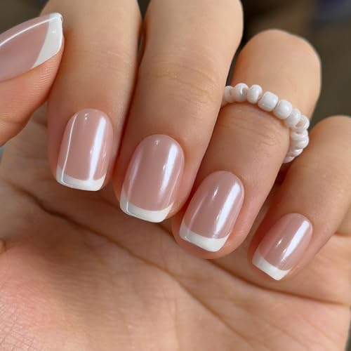 CurvLife Short Square French Tip Press-On Nails, 32PCS Nude Gel