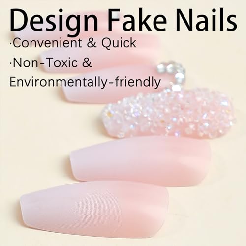 Pink Rhinestone Press On Nails - 24pcs Long Square Coffin Set
