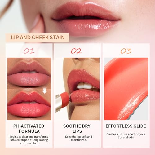 BERALLOYE 4pcs Water-Resistant Temperature Color Change Lip Balm Set in Pink, Red, Peach, White – Hydrating Long-Lasting Lip & Cheek Tint for Women