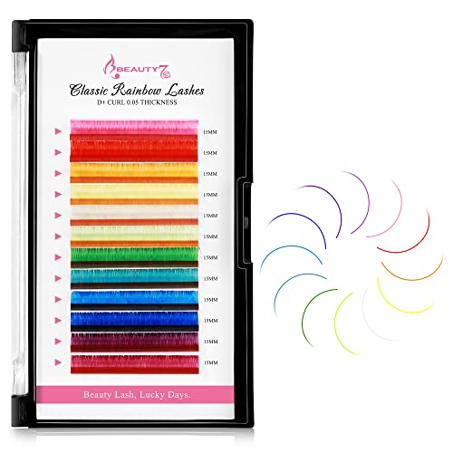 Beauty7 Rainbow Colored Lash Extensions D+ Curl 0.05mm Thick 15mm Length - 12 Vibrant Colors