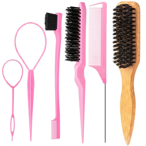 Luumxai Pink 6-Piece Boar Bristle Hair Styling Brush Set for Women & Girls