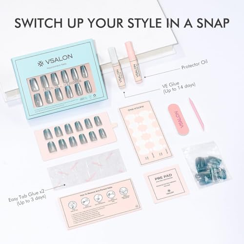 VSALON Medium Coffin Press on Nails - B3-1 Polar Glimmer, Icy Blue Ombre Cat Eye
