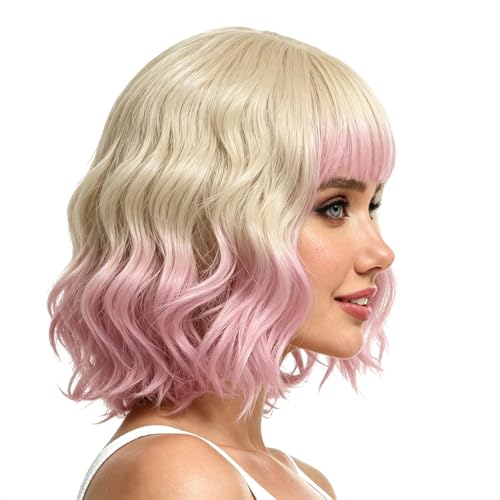 Rose Bud Blonde to Pink Wavy Bob Wig for Women - Short Curly Style with Bangs, 12 Inch, Variation 1-7