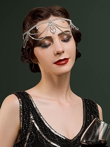 SWEETV Crystal Rhinestone Head Chain for 1920s Gatsby Wedding Party