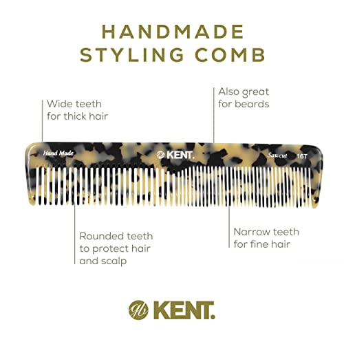 KENT 16T TW Handmade Styling Comb - 7.2 Inch Detangling Comb (White Tokyo)