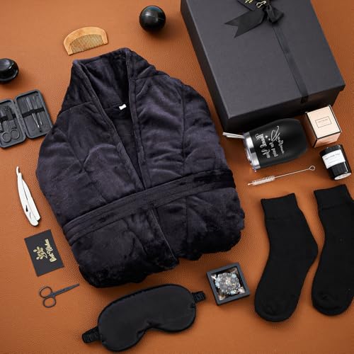 Nuogo 15 Pcs Birthday Gifts for Men Beard Care Set for Him Dad Birthday Gifts Basket Ideas Kit for Men Tumbler Bath Robe for Father's Day Dad Husband Boyfriend Box (Unhooded,Black)