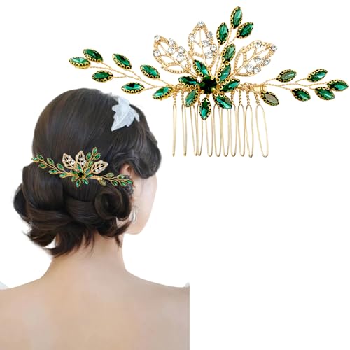 Auswalar Bridal Hair Comb 9 Green Gold Crystal Wedding Side Hair Clip for Bride