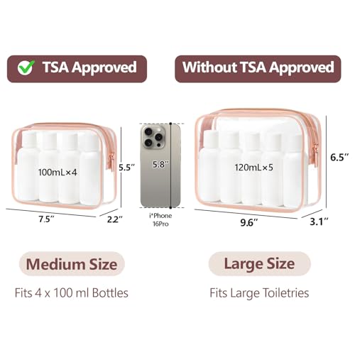 PACKISM Clear Makeup Bag Set — 1 Medium + 1 Large TSA 3-1-1 Approved, Rose Pink