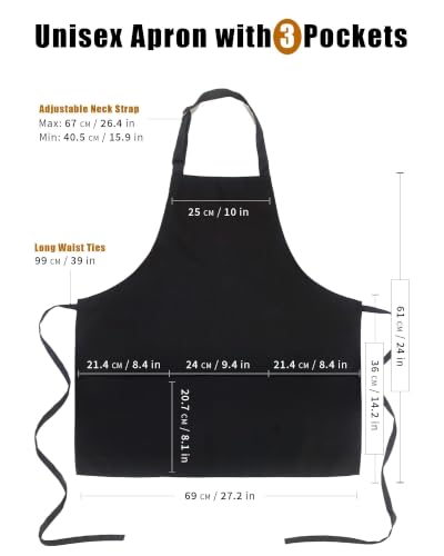 Adjustable Black Bib Apron with 3 Pockets for Kitchen & Restaurant