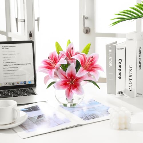 Artificial Tiger Lily Arrangement in Glass Vase - Realistic Silk Flowers with Faux Water