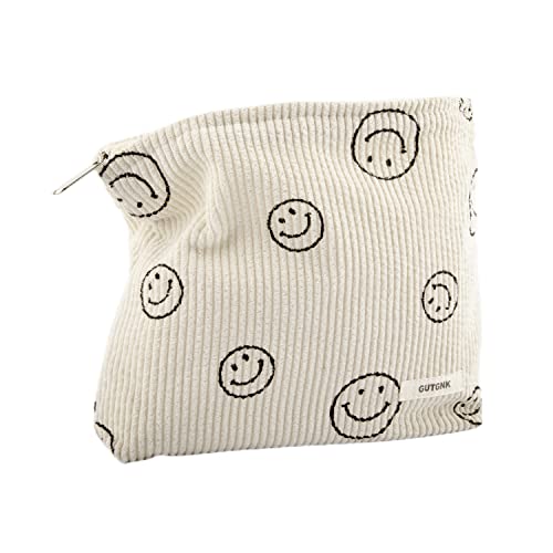 Corduroy Makeup Bag for Women - Smiley Face Cosmetic Organizer