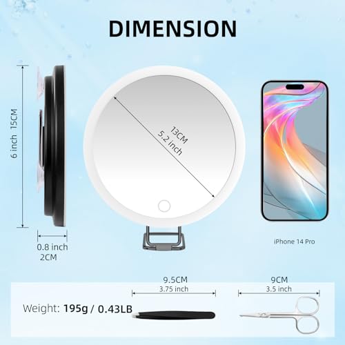 Suupvaor 30X Magnifying Lighted Travel Mirror - Black, 6-inch, Rechargeable, Dimmable, Suction & Stand