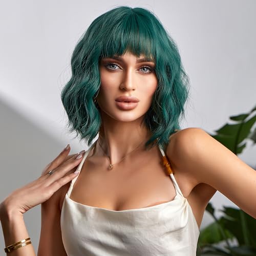 Green Short Curly Wig for Women - 12 Inch Bob with Bangs
