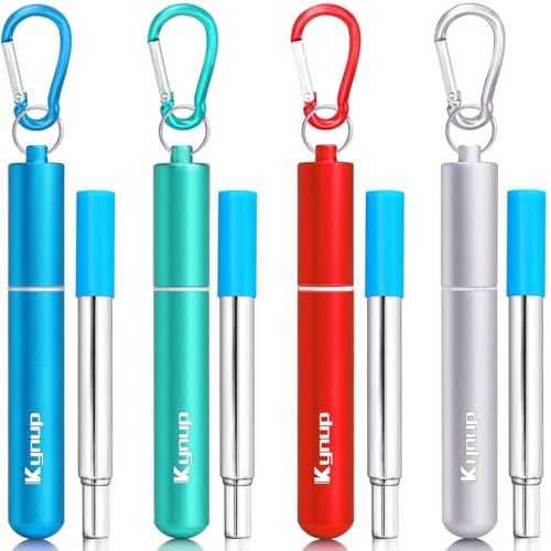 Kynup Collapsible Reusable Metal Straws with Silicone Tips - 4 Pack Set for Travel