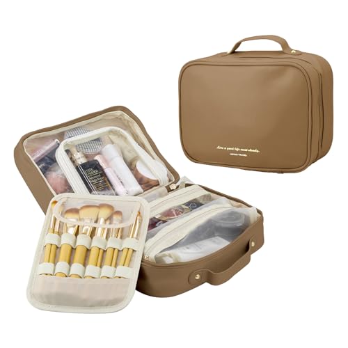 MENRU Large Travel Makeup Bag, Waterproof Leather Cosmetic Organizer