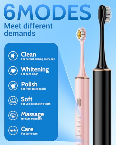 Aneebart Black & Pink Electric Toothbrush for Adults, 2 Pack, 12 Brush Heads, 6 Modes, USB Rechargeable, Smart Timer