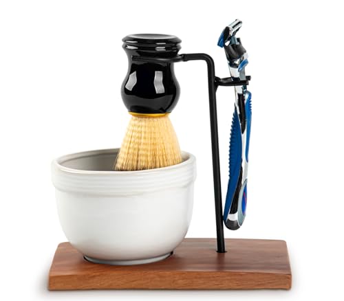 Men's Shaving Kit with Razor Stand, Ceramic Bowl, Brush & Soap