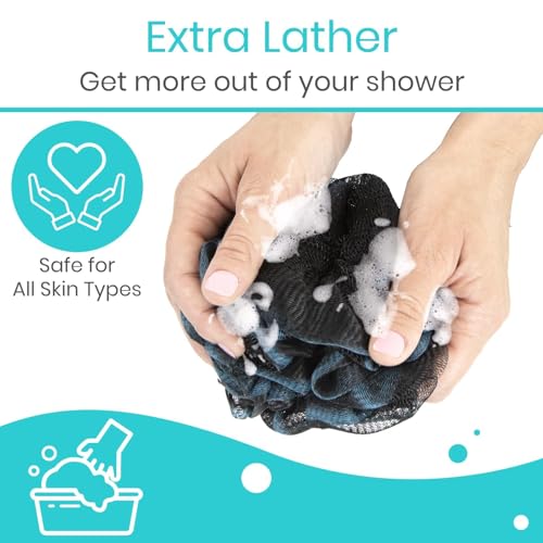Vive Loofah Sponge Replacement Pack (Black & Blue, 4 Pack) - Exfoliating Shower Pouf for Body and Back