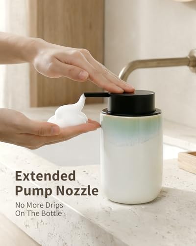 BosilunLife White Ceramic Foam Soap Dispenser with Blue-Green Rim - 1 Pack