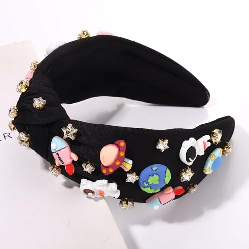 Mokkia Space Astronaut Headband for Women - Pattern A with Jeweled Saturn and Rocket Design