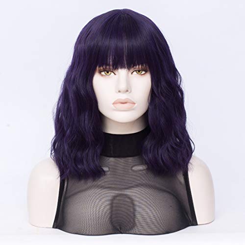 Short Wavy Purple Wig with Bangs - Heat Resistant Synthetic Hair for Costume