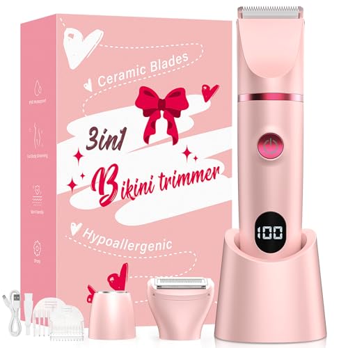 Bikini Trimmer for Women, 3-in-1 Electric Razor, IPX7 Waterproof Ceramic Blades, Wet & Dry Use, LED Display, Painless Shaver for Bikini, Face, Underarms, Legs, Home Travel (Pink)
