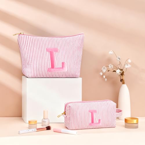 Travel Makeup Bag Set with Initials - Pink Cosmetic Pouches
