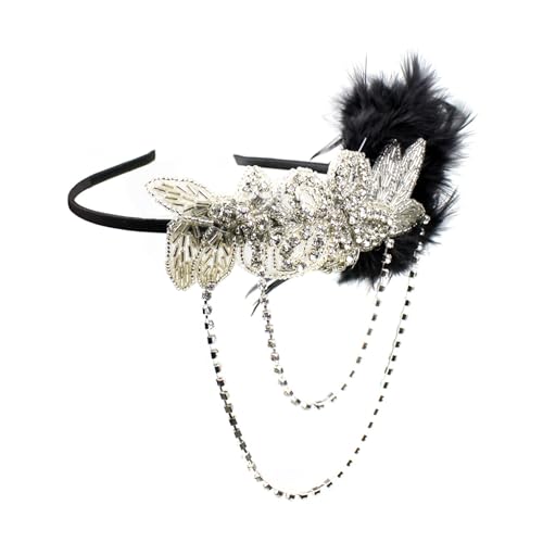 1920s Flapper Headband with Feathers - C62 Black Vintage Accessory