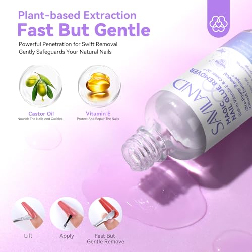 SAVILAND Blue Brush-On Nail Glue Remover 50mL with Pusher & Nail Fork, Gentle Formula