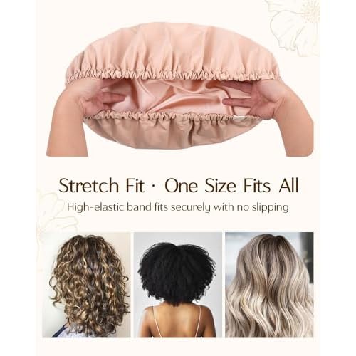 Yanibest Satin Lined Shower Cap for Women Reusable Waterproof, Frizz Free & Large Bath Cap with Soft Elastic Band, Luxury Hair Protection Caps (Peachy Pink)