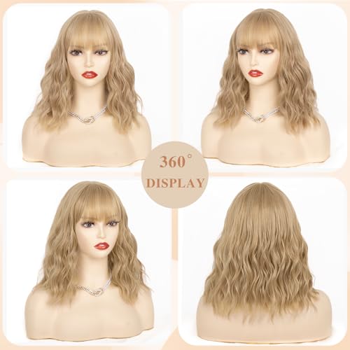 NAYOO Flaxen Blonde Bob Wig with Bangs - 14 Inch Shoulder Length