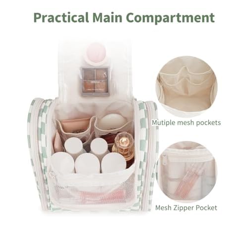 Narwey Hanging Travel Toiletry Bag for Women, Travel Bag for Toiletries, Checkered Makeup Bag Organizer, Cosmetic Make Up Bags for Travel Size Essentials, Skincare, Brushes (Mint Green Checkerboard)