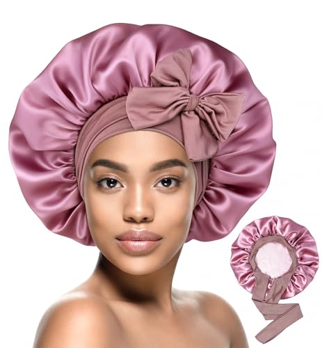 HiRui Double-Layer Silk Satin Sleep Bonnet for Women Large Blush Pink