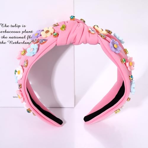 NVENF Pink Flower Headband - Crystal Rhinestone Knotted Summer Accessory