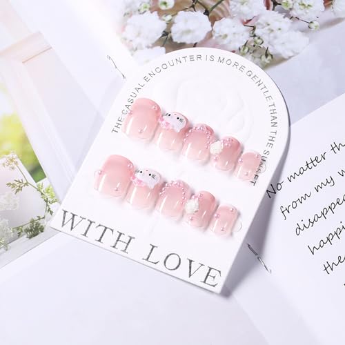 24 Pcs Nude Pink French Tip Press-On Nails Kit with 3D Pearl Design