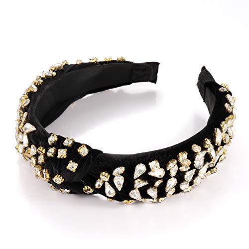 CENAPOG Black Rhinestone Knotted Velvet Headband for Women and Girls