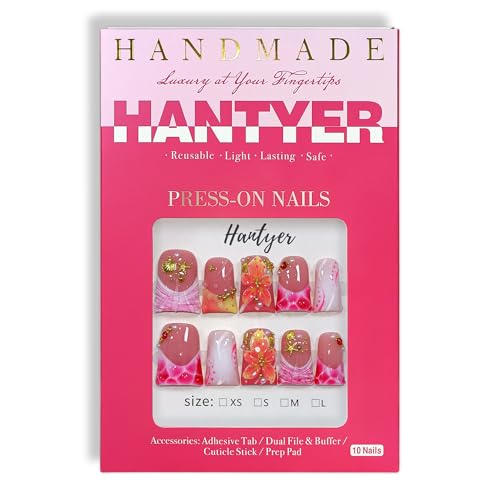 Hantyer L707 Short Duck Nails Pink Leopard French Tip Press On Nails with 3D Floral & Gold Seashells, Size S