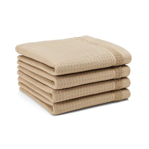 Taupe 4-Piece Cotton Waffle Woven Terry Stripe Washcloth Set, 13x13"