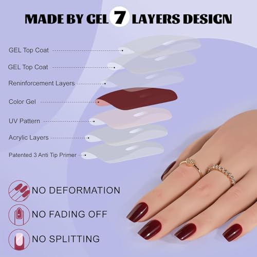 Jofay Fashion Short Press On Nails Kit - 32PCS Wine Red Acrylic