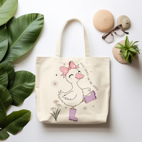 Silly Goose Canvas Tote Bag with Inner Pockets - Reusable Lunch & Grocery Bag