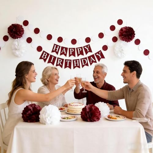 Burgundy Maroon Pom Poms & Streamers for Birthday Party Decor