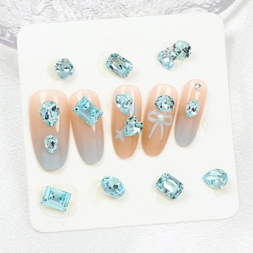 DONGZHOU 72pcs Mix Shape Aquamarine Glass Nail Rhinestones for DIY Nail Art & Crafts
