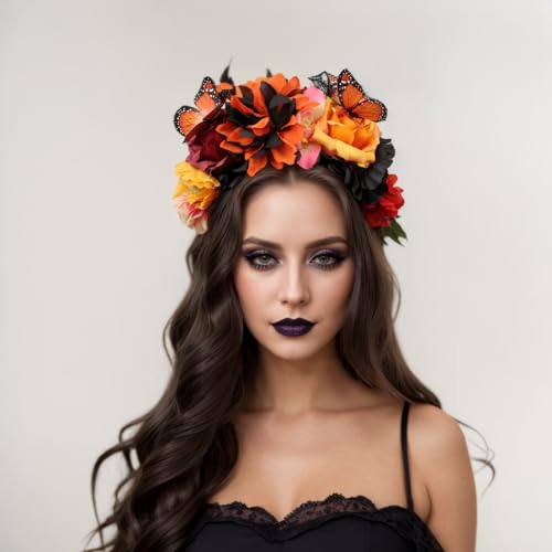 Boho Butterfly Flower Crown Headband, Adjustable Floral Bridal Headpiece