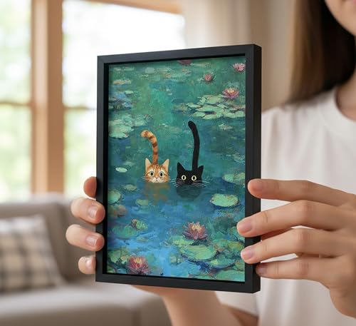 Framed Whimsical Cat Canvas Art - Claude Monet Style, 8x10