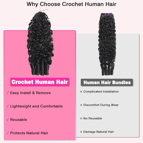 Beauty Queen Burmese Curly Crochet Human Hair 20 Inch 120g Knotless Pre-Separated Feather Human Hair Crochet Bundles 3C4A Lightweight Reusable Remy Hair Extensions for Women Natural Black Color